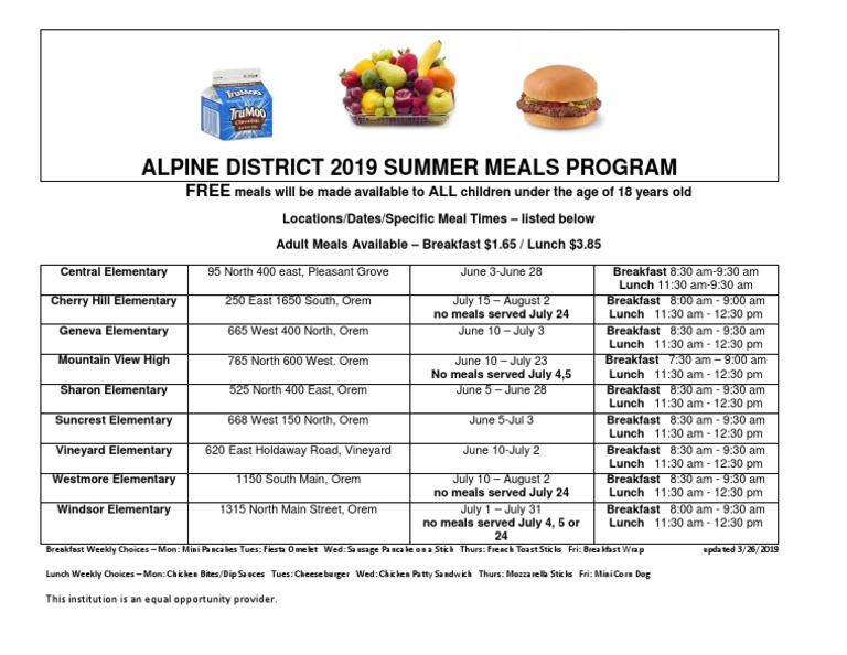 Alpine School District Summer lunch program dates and locations