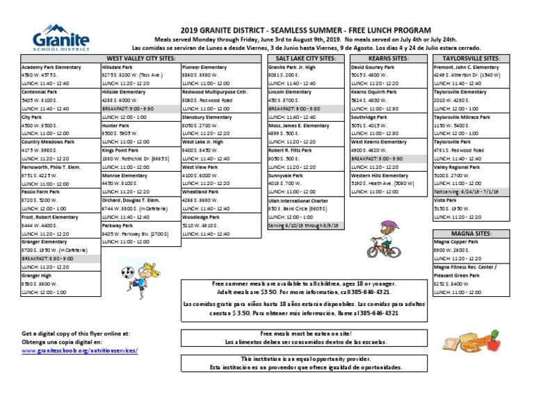 Granite School District Summer lunch program dates and locations