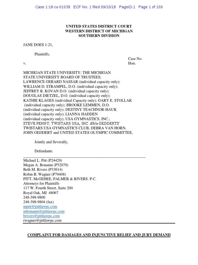 Jane Does 1-21 V MSU - Federal Complaint and Jury Demand Final 9-10-18 |  PDF | Michigan State University | Lawsuit