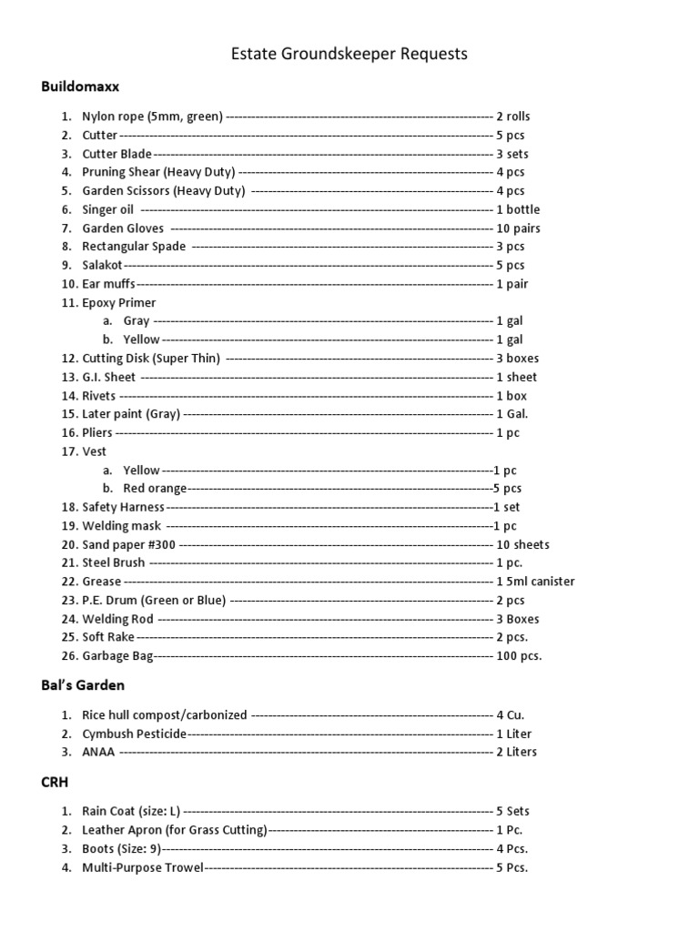 Estate Groundskeeper Requests PDF Materials Nature