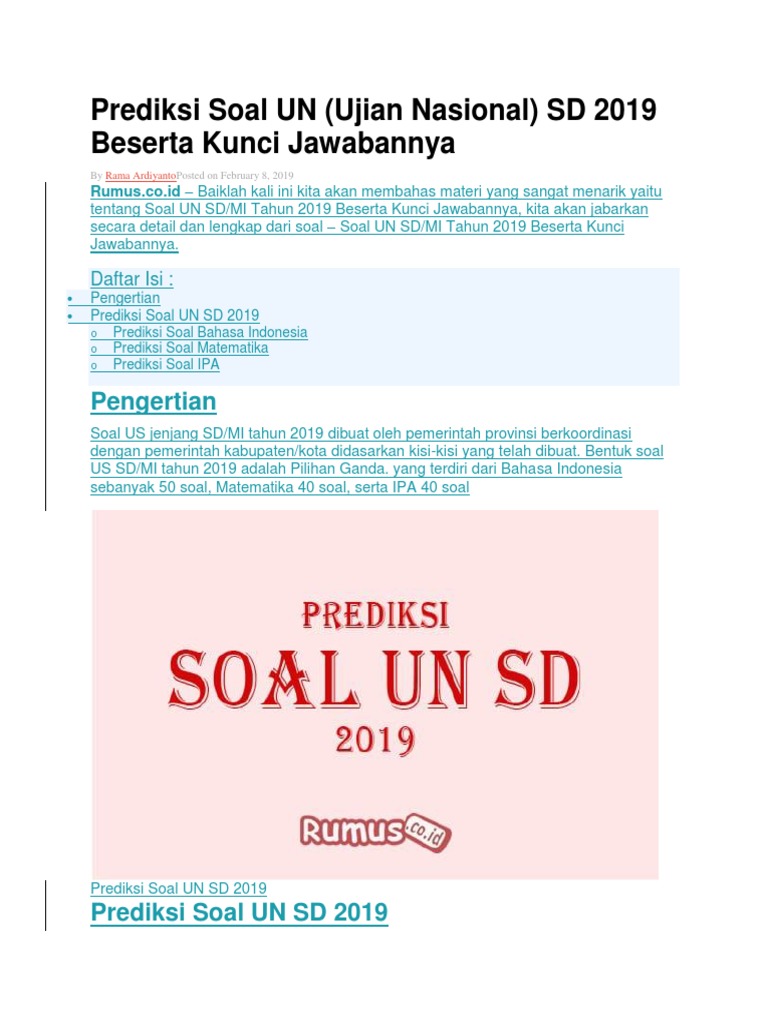 Soal Ujian Nasional Sd 2019 Matematika Helmi Kediris