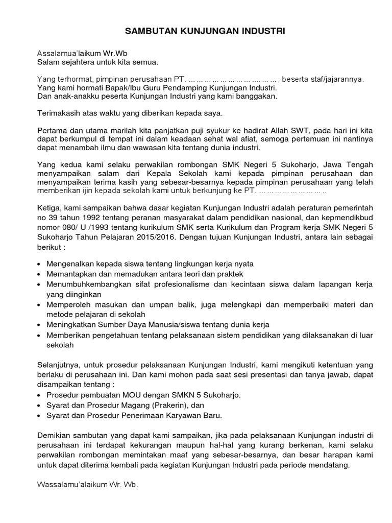 Sambutan Kunjungan Industri | PDF