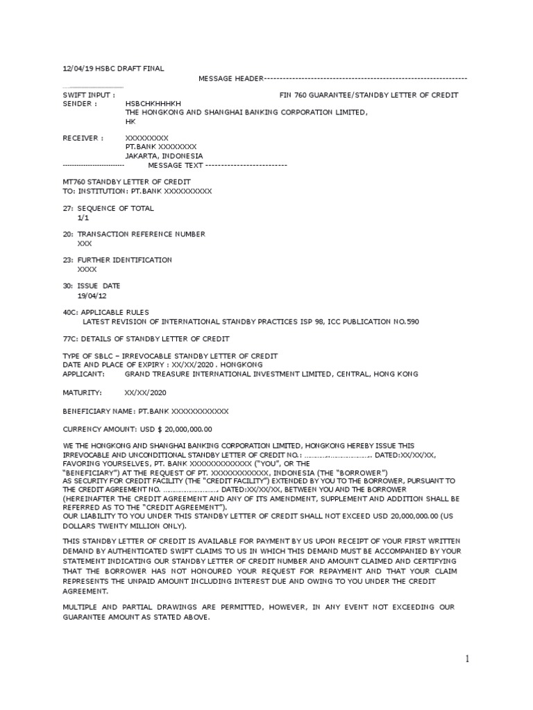 SBLC Format HSBC HK  PDF  Letter Of Credit  Credit In Letter Of Credit Draft Template