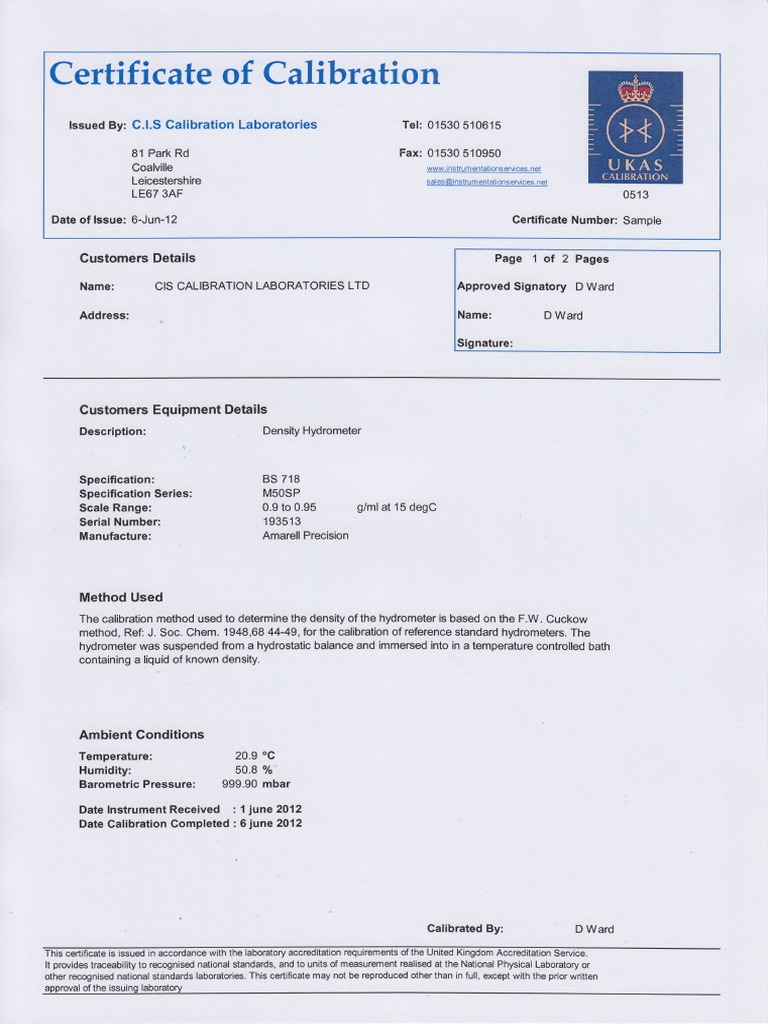 UKAS Hydrometer Calibration Certificate PDF Calibration Density