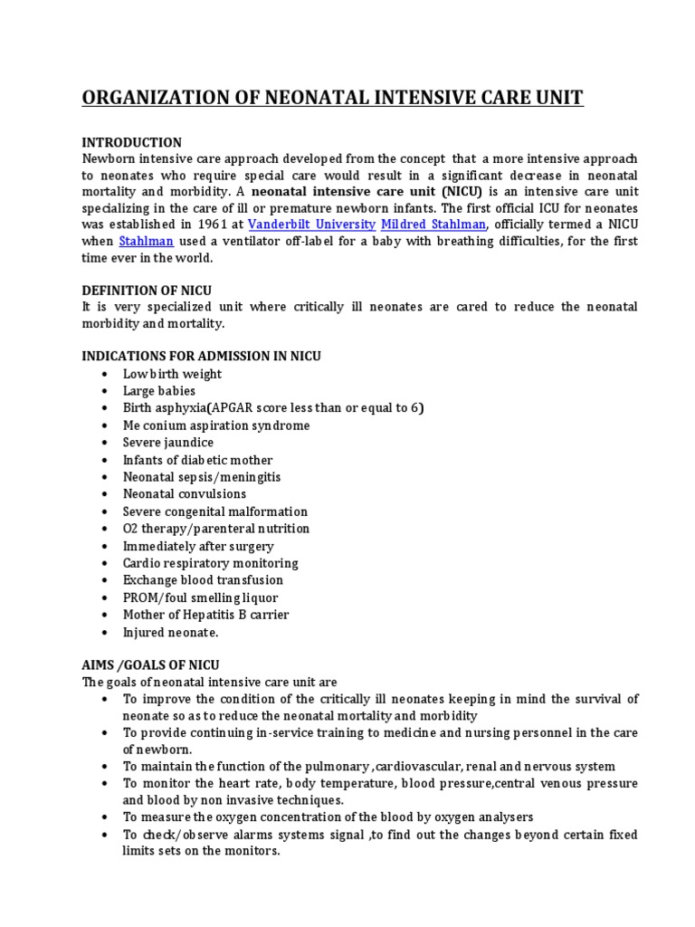 Organization of Neonatal Intensive Care Unit Vanderbilt University