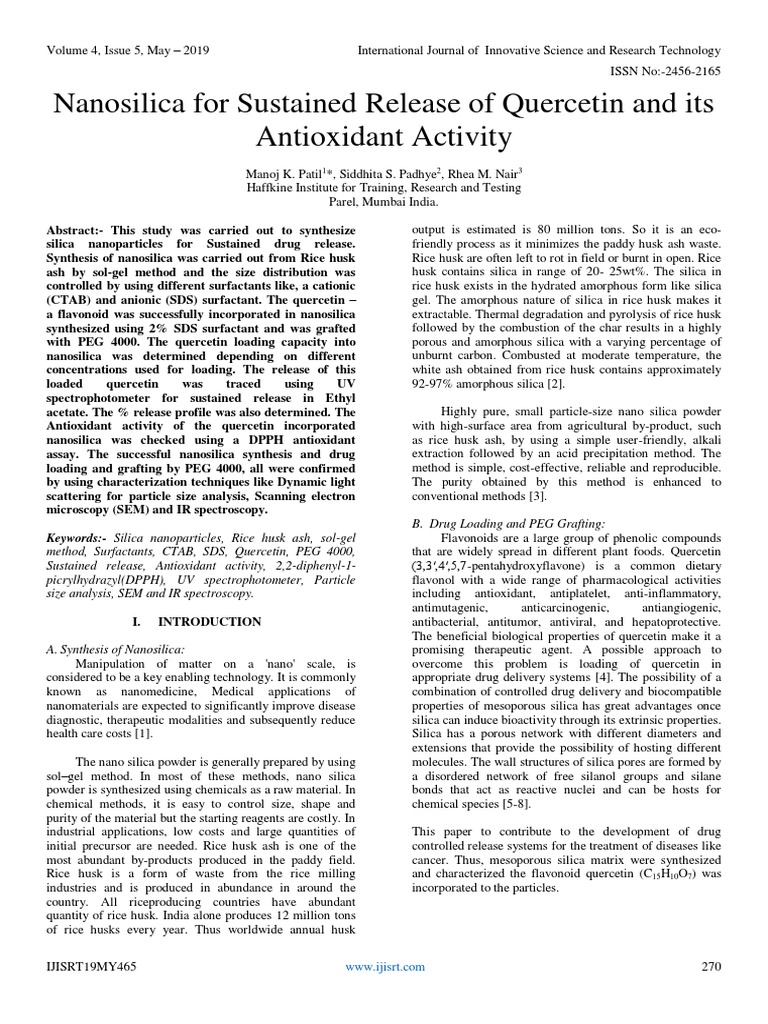 Nanosilica For Sustained Release of Quercetin and Its Antioxidant