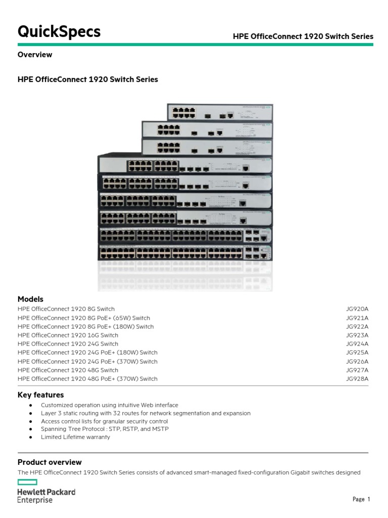 Quickspecs Hpe Officeconnect 1920 Switch Series Hpe Officeconnect 1920