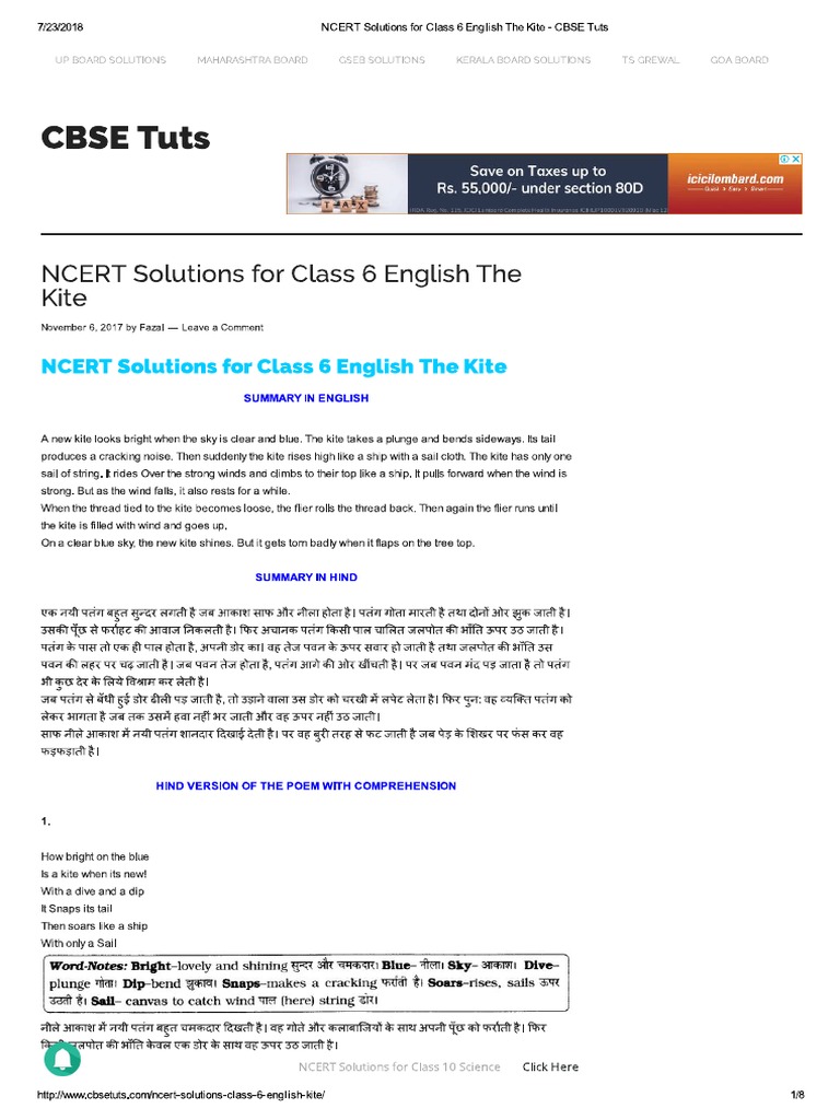 NCERT Solutions For Class 6 English The Kite CBSE Tuts PDF
