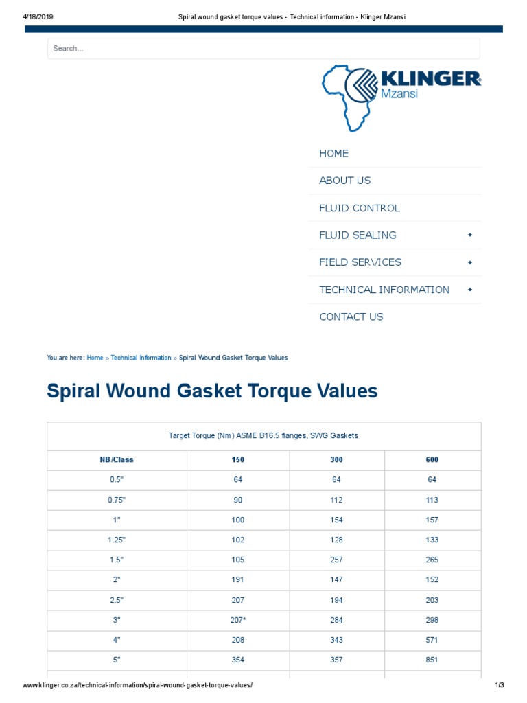 Spiral wound gasket torque values Technical information Klinger Mzansi.pdf Mechanical