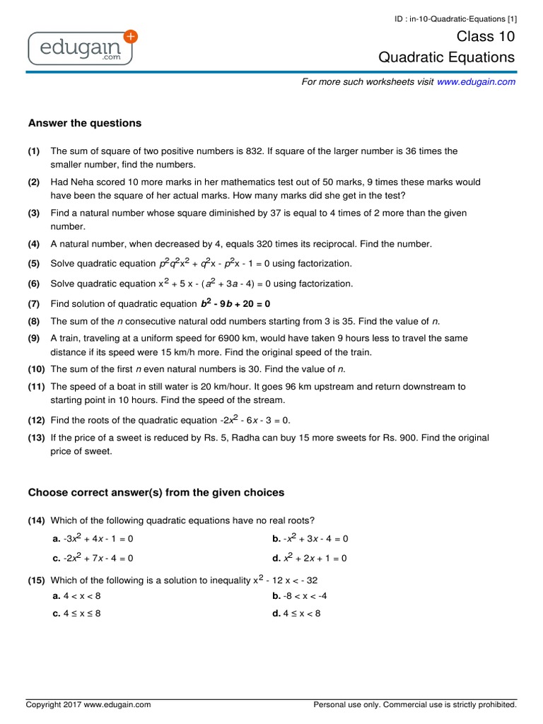 solution of quadratic equation Inside Quadratic Equations Word Problems Worksheet