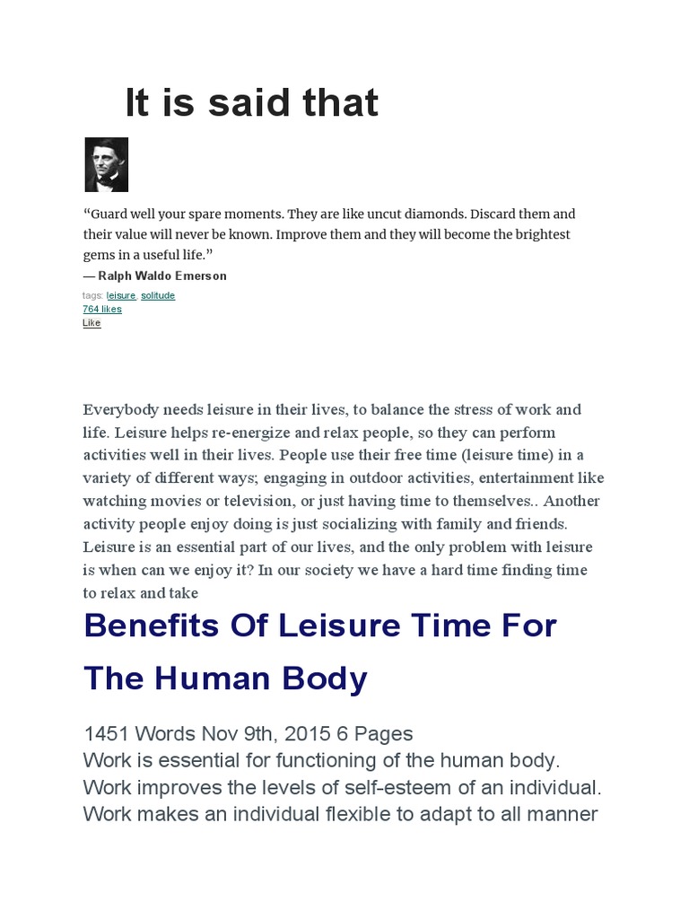 Benefits of Leisure Time PDF Leisure Social Psychology