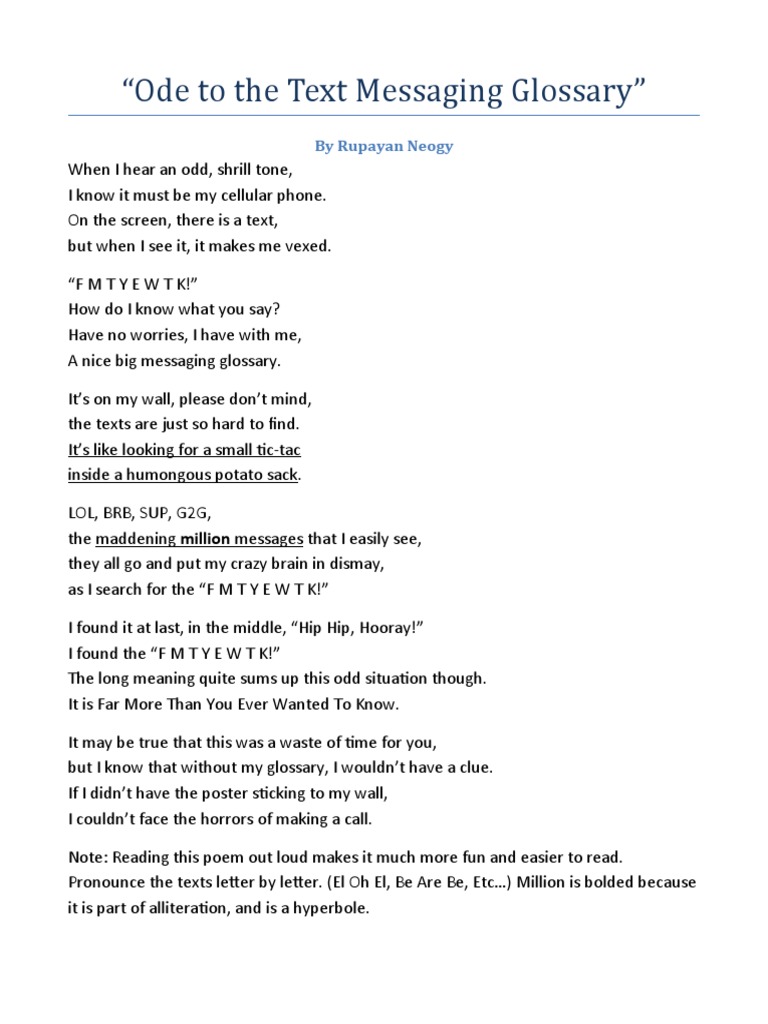 Ode To The Text Messaging Glossary Poem | PDF