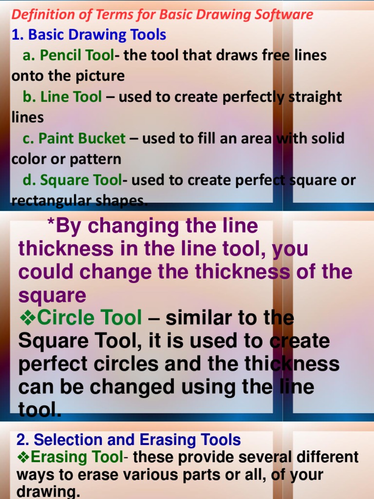 A. Pencil Tool B. Line Tool C. Paint Bucket D. Square Tool 1. Basic
