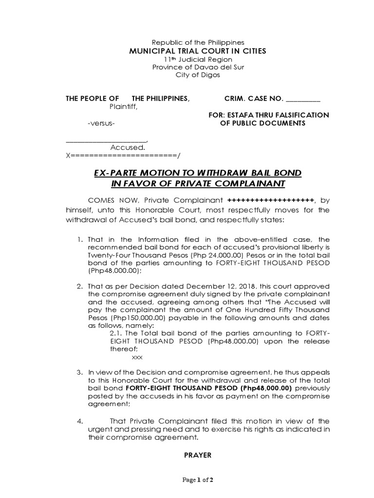 Ex-Parte Motion to Withdraw Bail Bond | PDF | Bail | Social Institutions