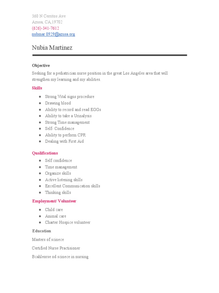 Pediatric Nurse Position Objective | PDF