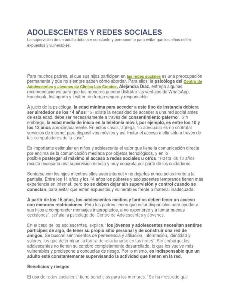 Riesgos y beneficios de redes sociales en adolescentes | PDF | Servicio ...
