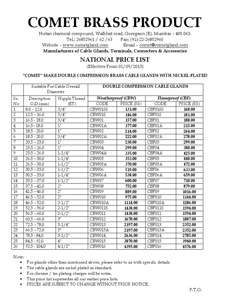 Comet Brass Product National Price List PDF Manufactured Goods Business