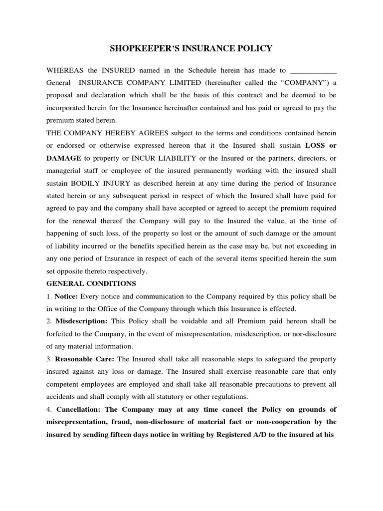 Shopkeeper'S Insurance Policy | PDF | Burglary | Insurance Policy