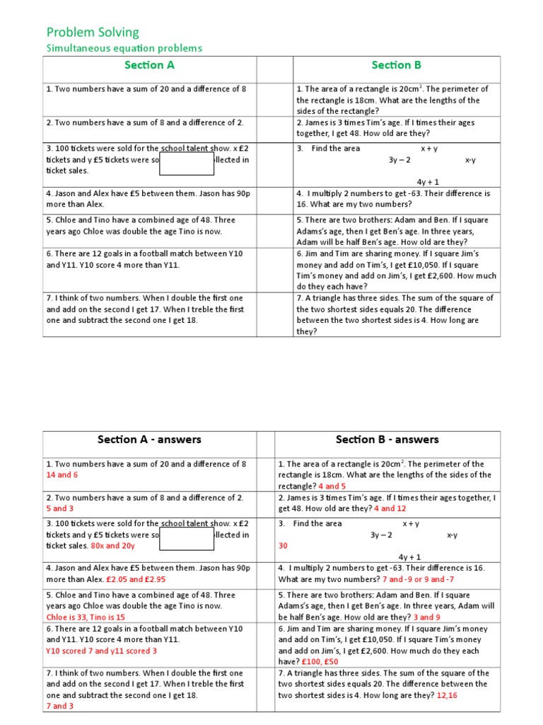 Worded Simultaneous Equations Worksheet | PDF | Area | Mathematical Objects
