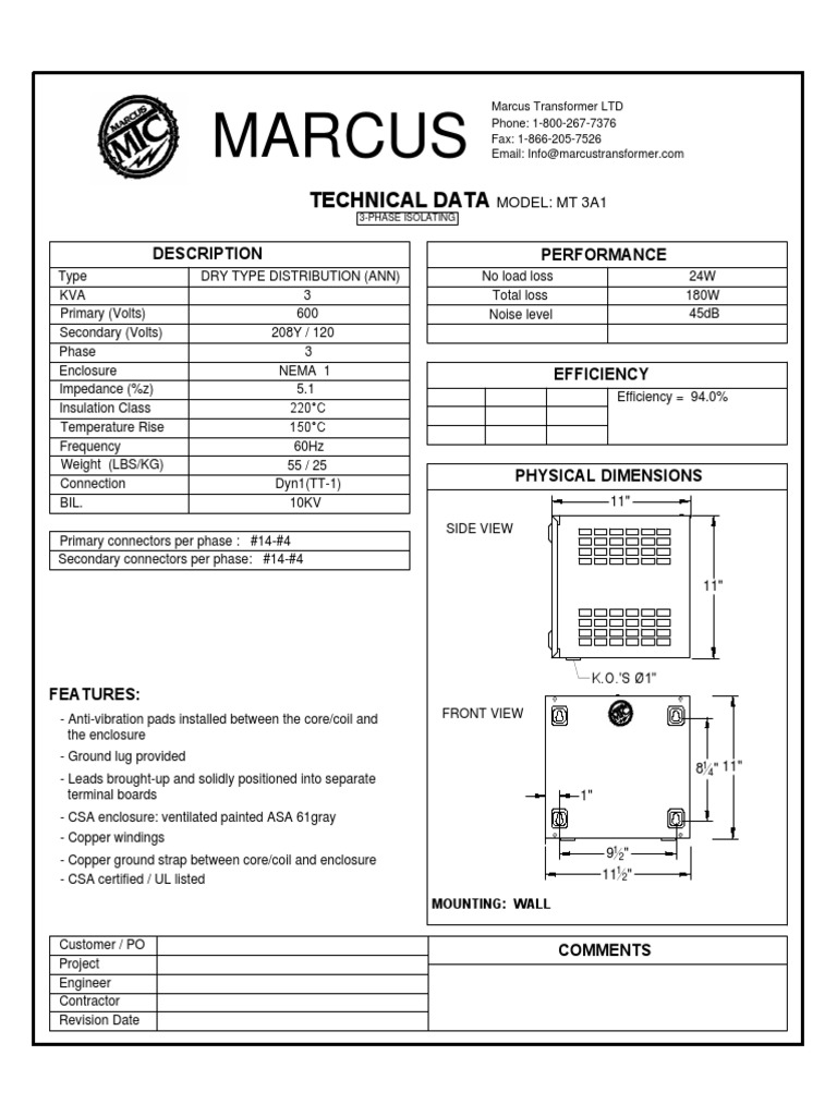 MARCUS Transformers Datasheets Transformer Electrical Connector