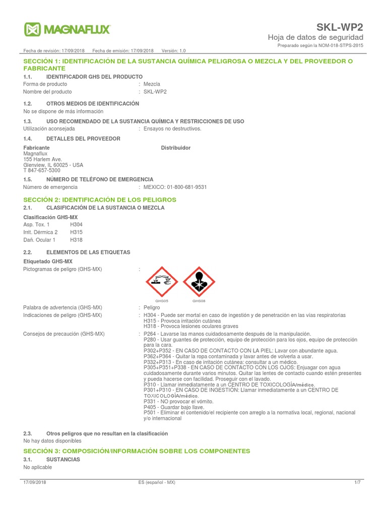 SKL WP2 Liquid Safety Data Sheet Espanol PDF Ciencias fisicas Química