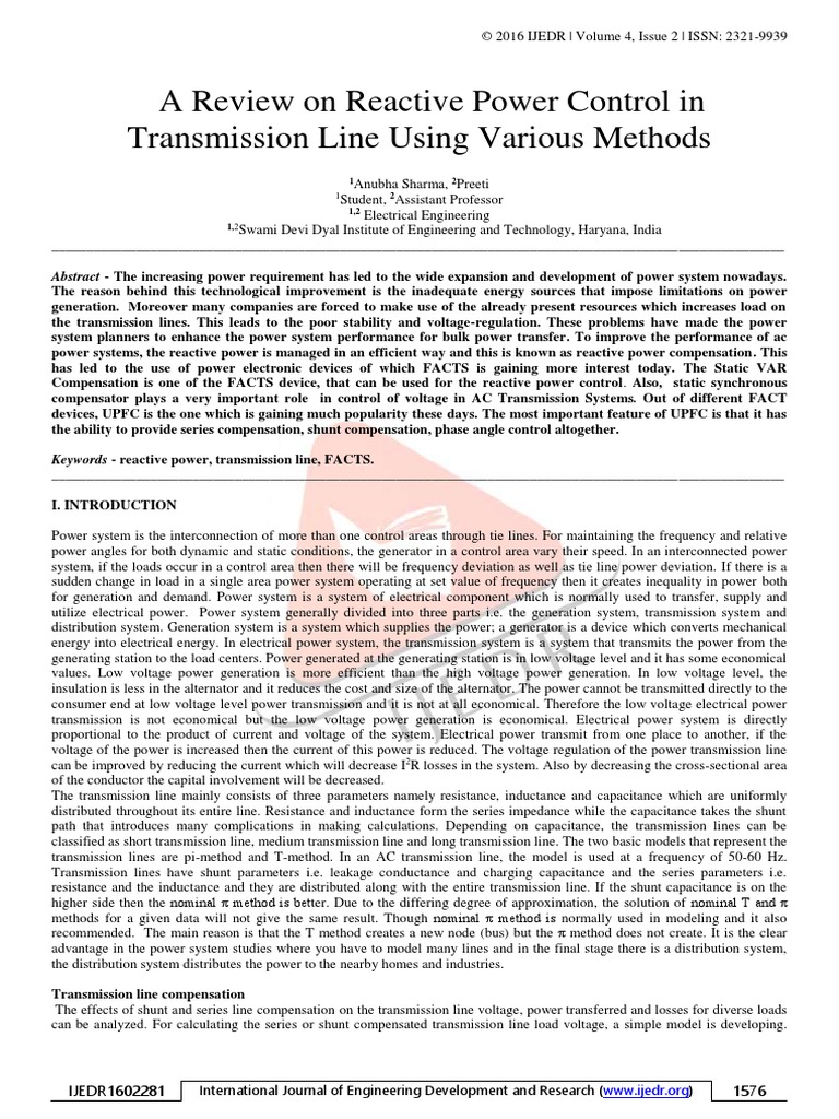 A Review On Reactive Power Control in Transmission Line Using Various ...