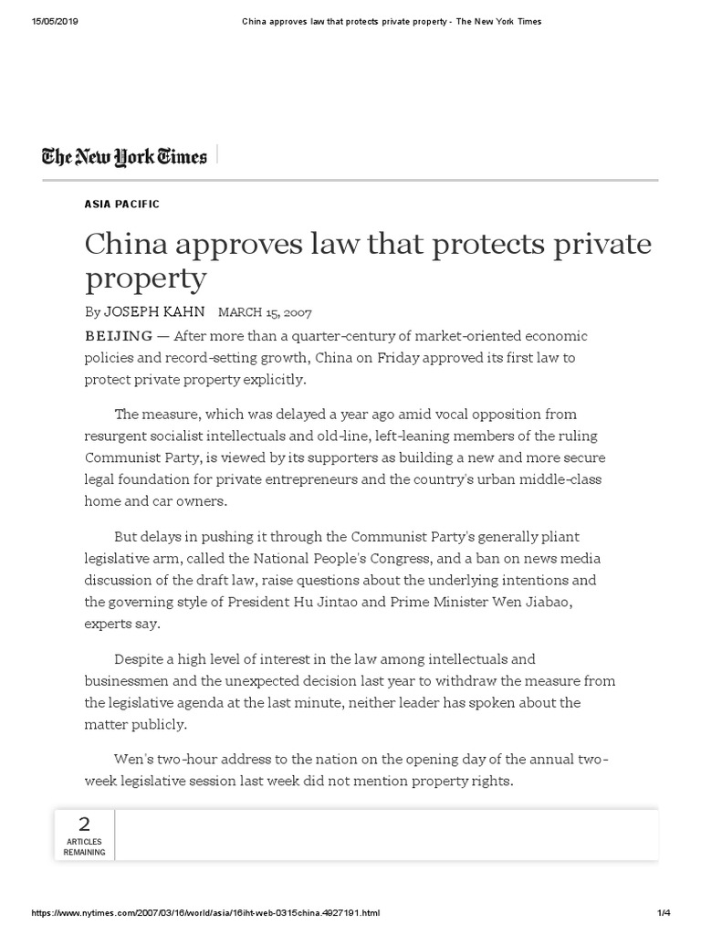 China Approves Law That Protects Private Property - The New York Times ...