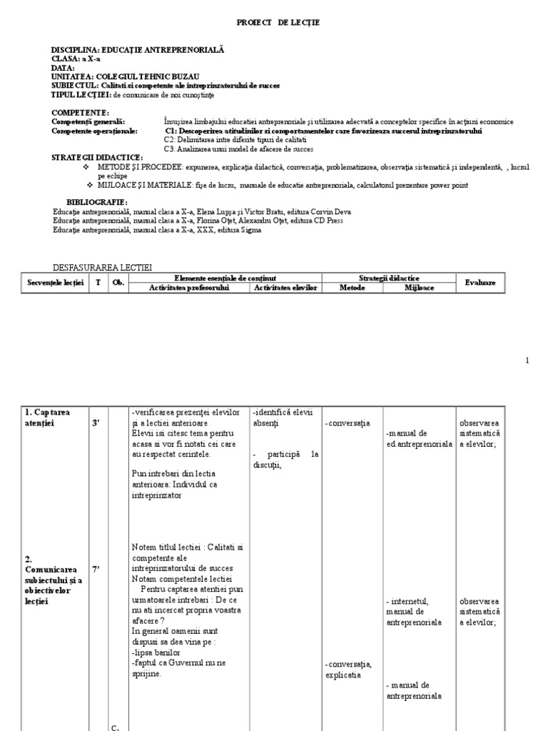 Proiect De Lectie Doc Calitati Ale Intrep De Succes