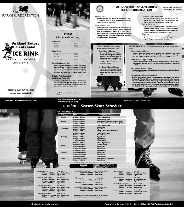 Ashland Ice Rink Schedule 201011 PDF Ice Leisure