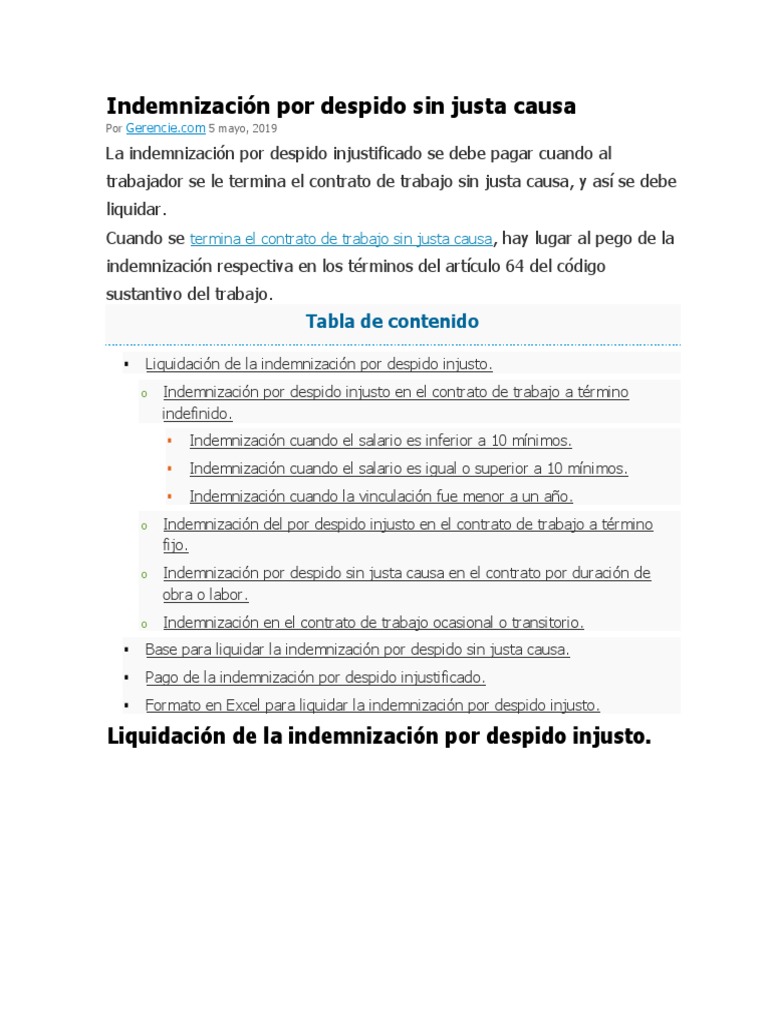 Indemnización Por Despido Sin Justa Causa Debido al