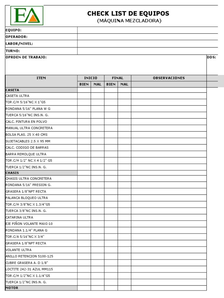 Check List de Maquina Mezcladora | PDF | Vehículos | Vehículo de motor