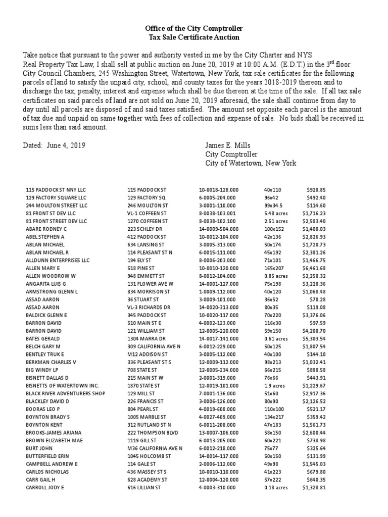 City of Watertown Tax Sale List 2019 PDF Private Law Property Law
