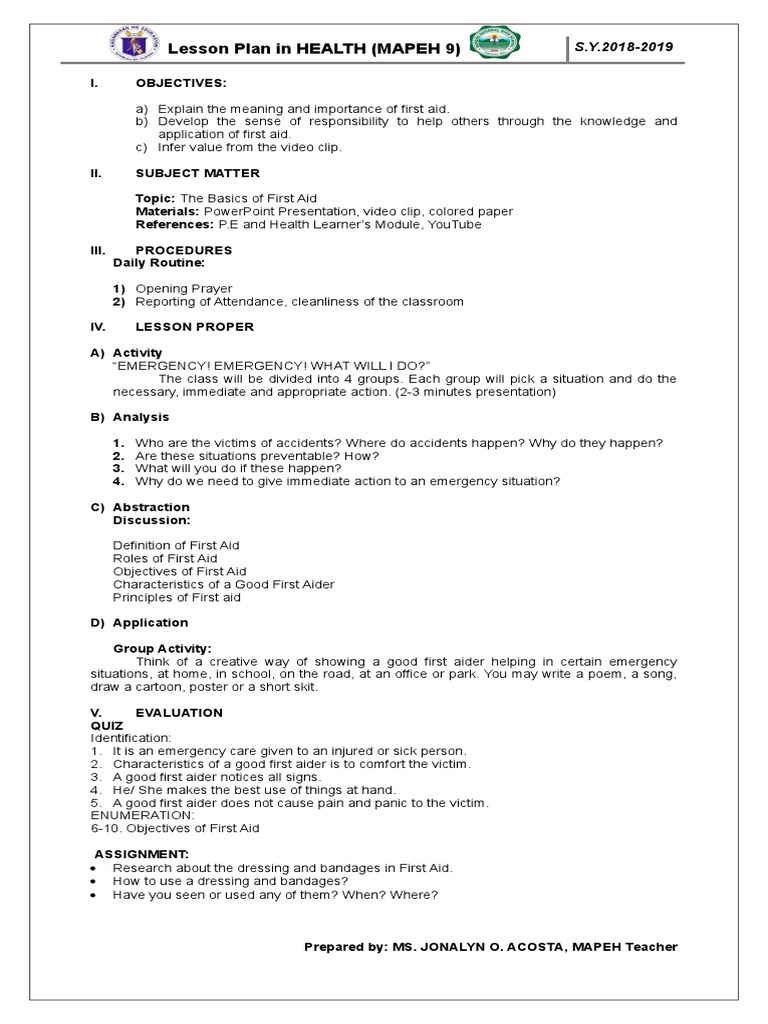 First Aid Basics Lesson Plan for MAPEH 9 | PDF | Career & Growth | Self ...