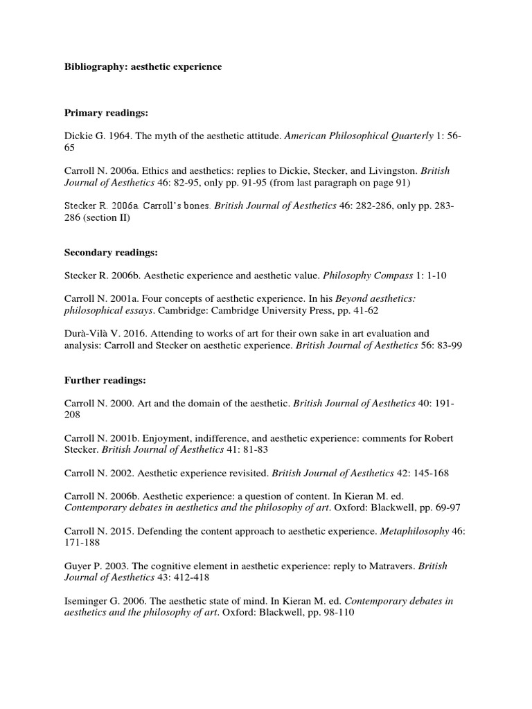 Bibliography. Aesthetic Experience | PDF | Aesthetics | Psychological ...