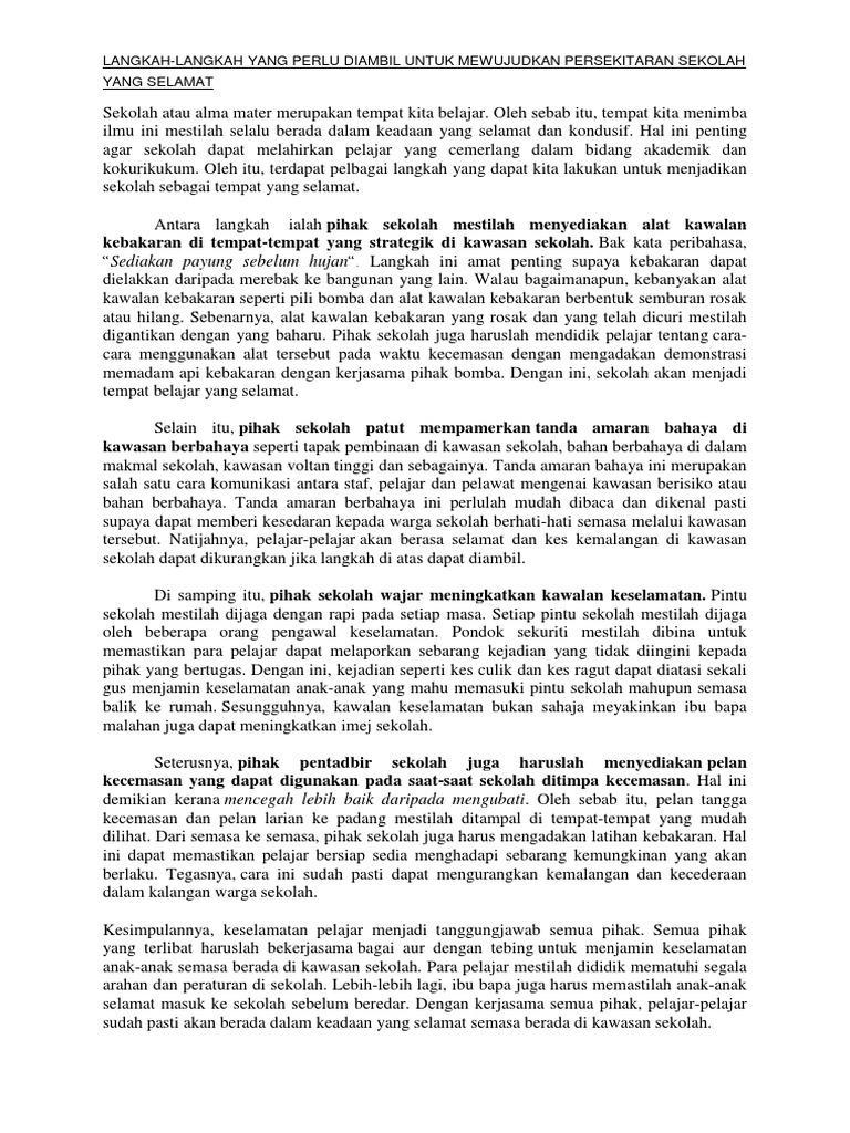 Contoh Karangan Langkah Langkah Keselamatan Di Sekolah