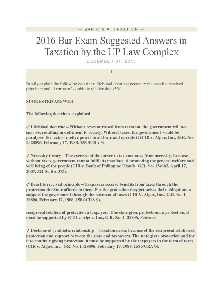 2016 Bar Exam Taxation Answers | PDF | Employee Benefits | Double Taxation