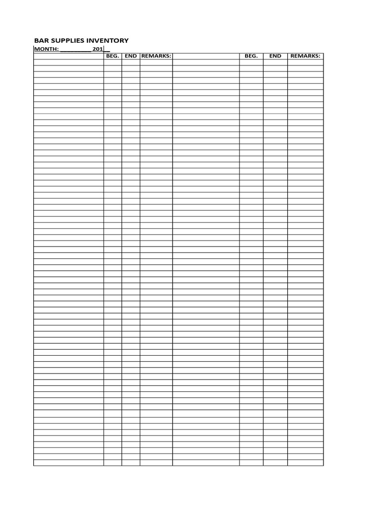 Bar Supplies Inventory: MONTH: - 201 - Beg. End Remarks: Beg. END ...