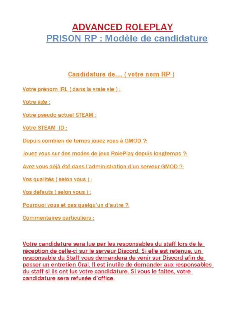 Modèle de candidature pour staff RP | PDF
