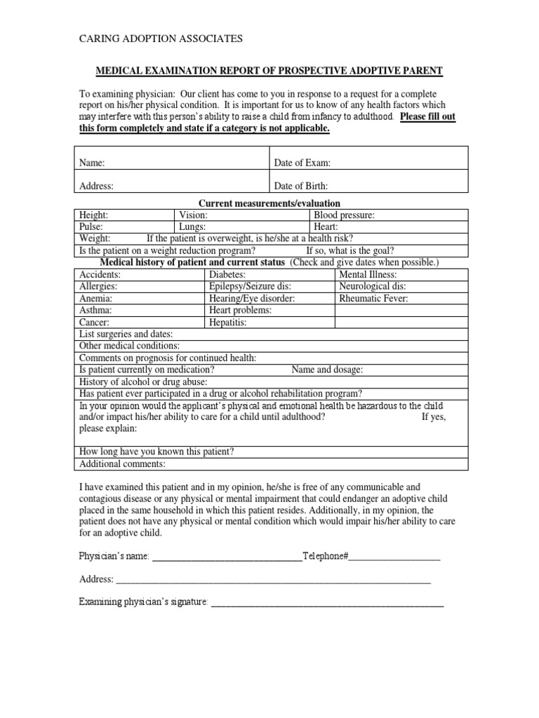 Caring Adoption Associates: Medical Examination Report of Prospective ...