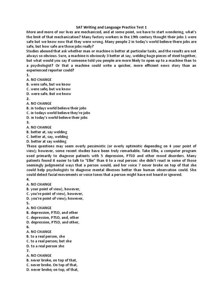 SAT Writing And Language Practice Test 1 PDF Washing Machine