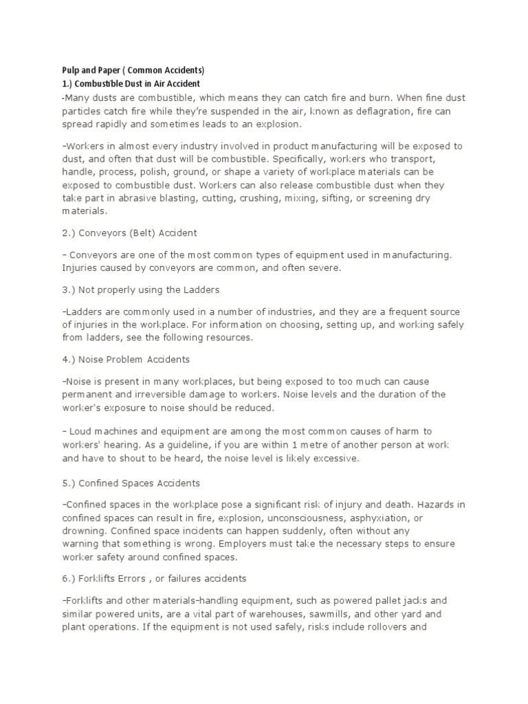 Common Pulp and Paper Accidents | PDF | Noise | Dust