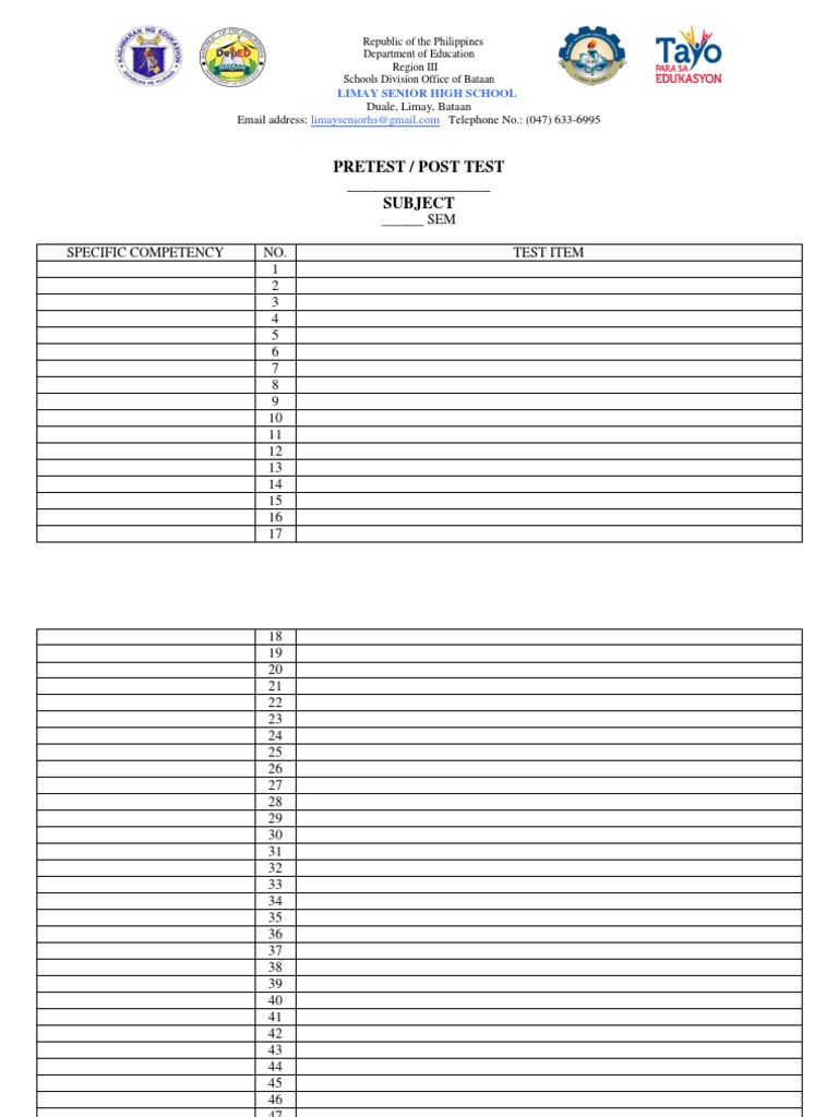 Pretest / Post Test - Subject | PDF