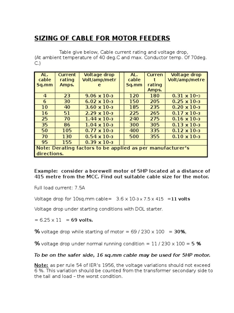 Sizing of Cable For Motor Feeders | PDF