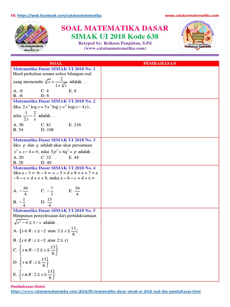Soal SIMAK UI 2018 Matematika Dasar