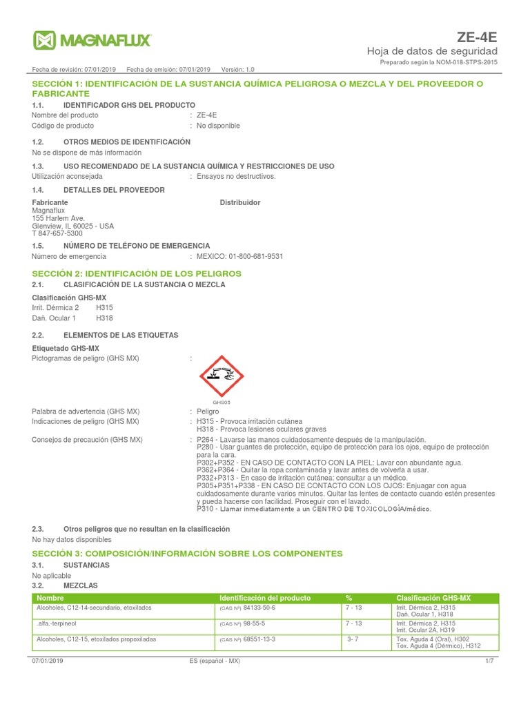 ZE 4E Safety Data Sheet Espanol PDF Ciencias fisicas Química