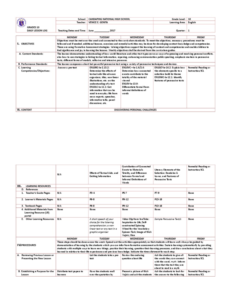 English DLL G10 First Quarter Learning Curriculum