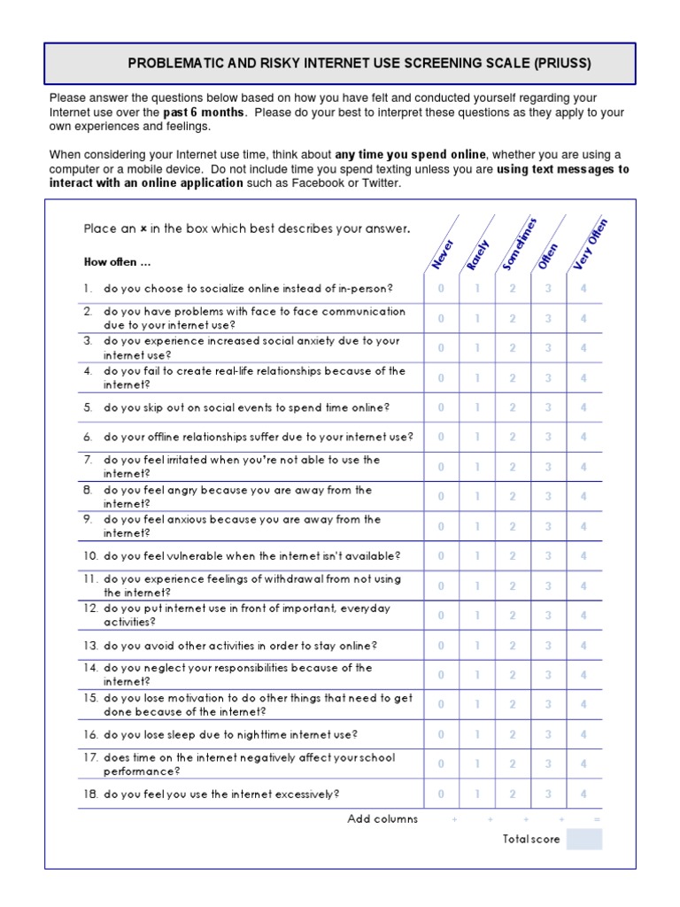 PRIUSS: Screening for Internet Use Issues | PDF | Adolescence | Internet