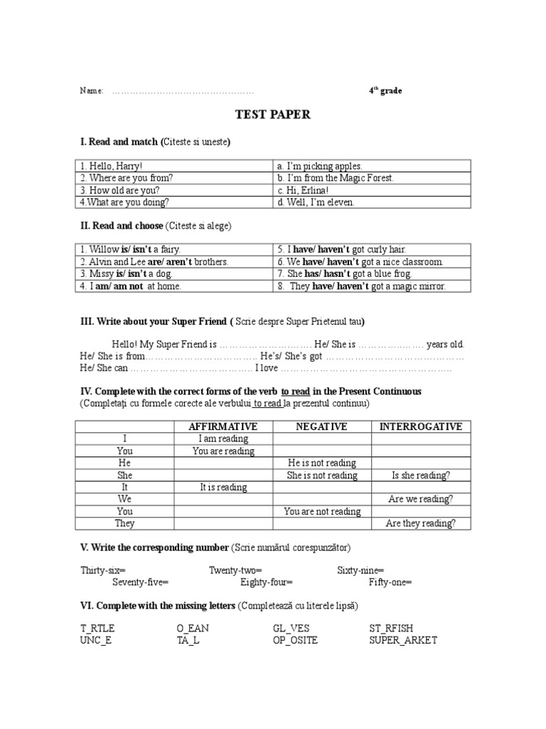 4th Grade English Test Paper | PDF | Language Arts & Discipline
