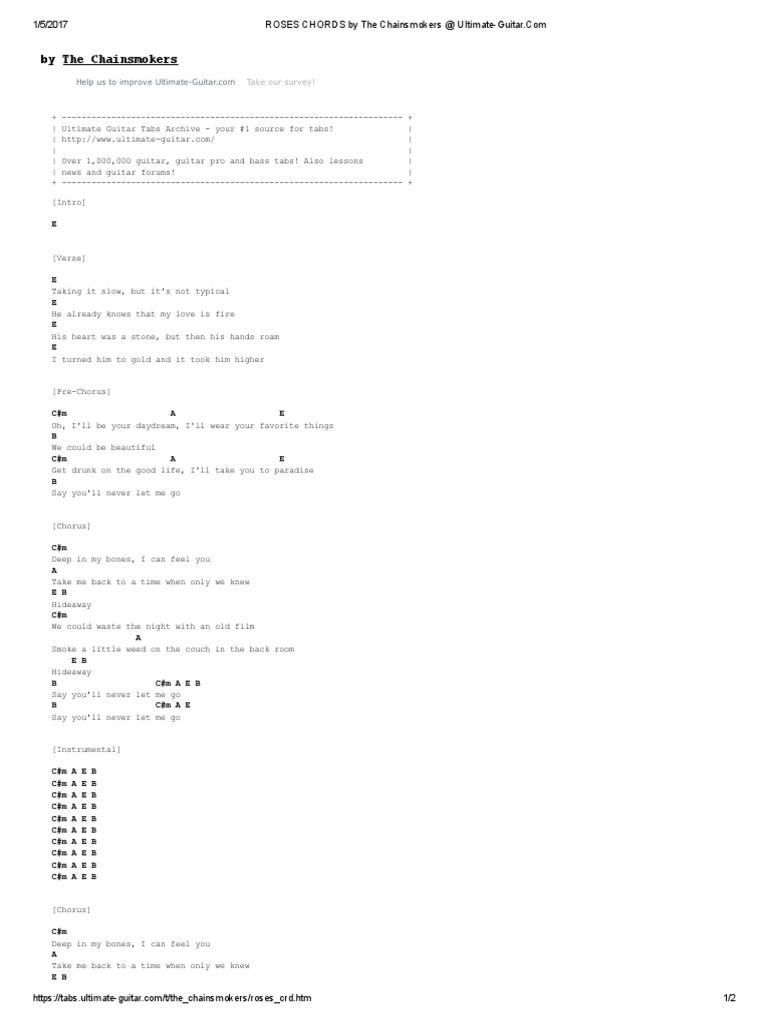 Roses Chords By The Chainsmokers At Ultimate Guitar Pdf Popular Music Songs