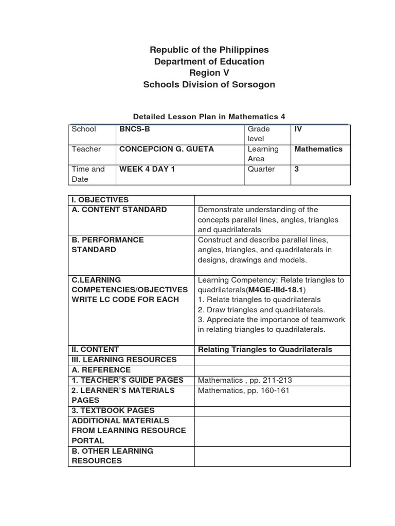 Triangles and Quadrilaterals Lesson Plan | PDF | Triangle | Behavior ...